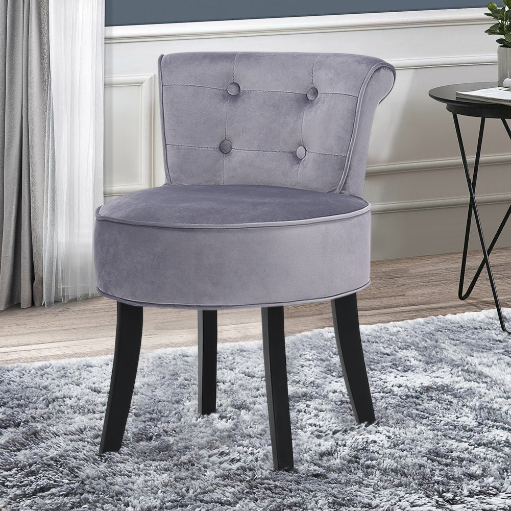 Velvet Buttoned Vanity Stool Black Wooden Legs, Light Grey