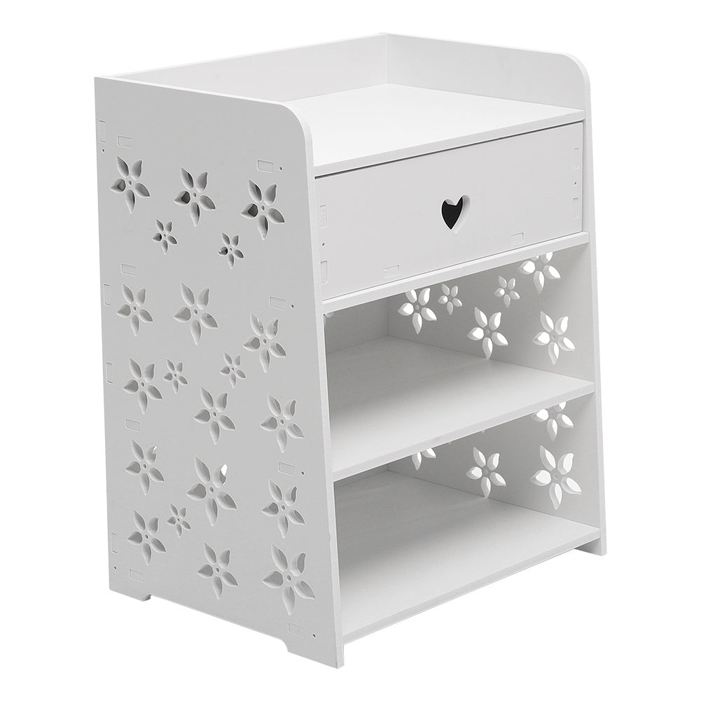 Wood Nightstand Bedside Table with Hollow Flower Design 2-Tier Storage
