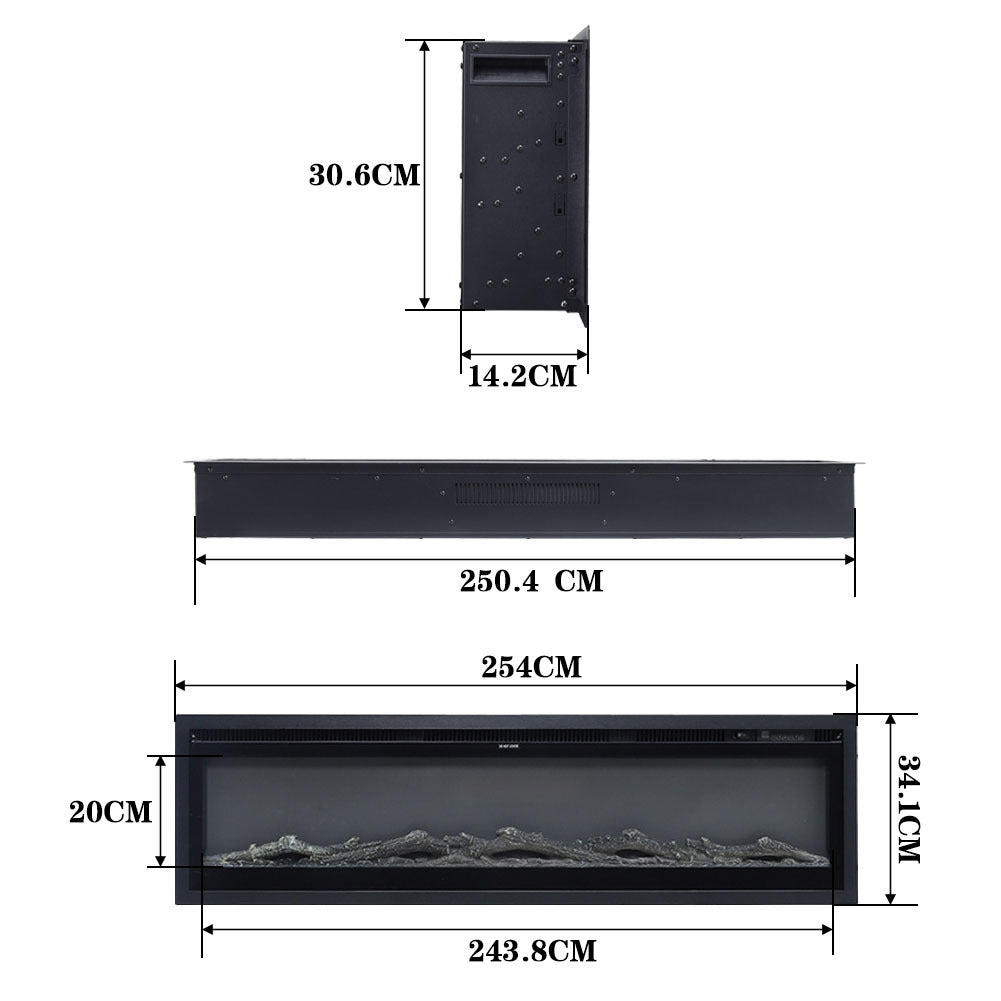 Black 100 Inch Electric Fireplace with Remote 9 Flame Colours 900W/1800W