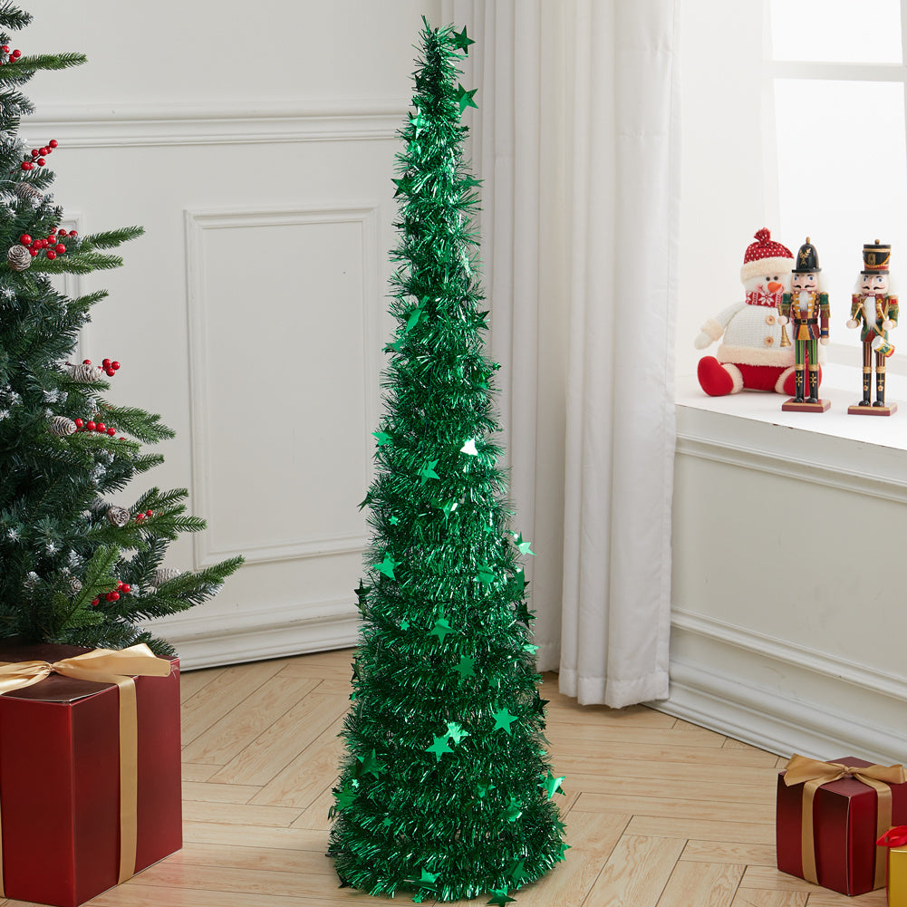 Green Collapsible Pop Up Tinsel Christmas Tree with Base 1.2M