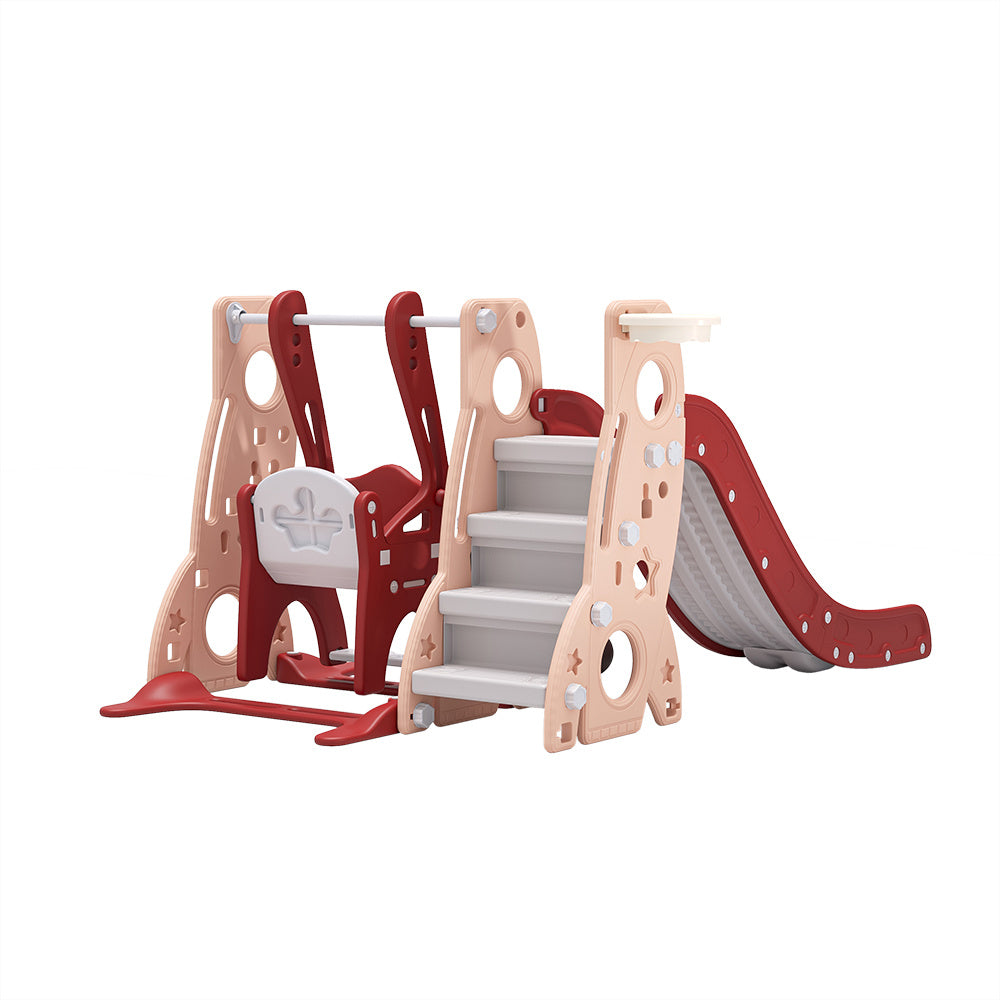 Red Kids Swing and Slide Set with Basketball Hoop