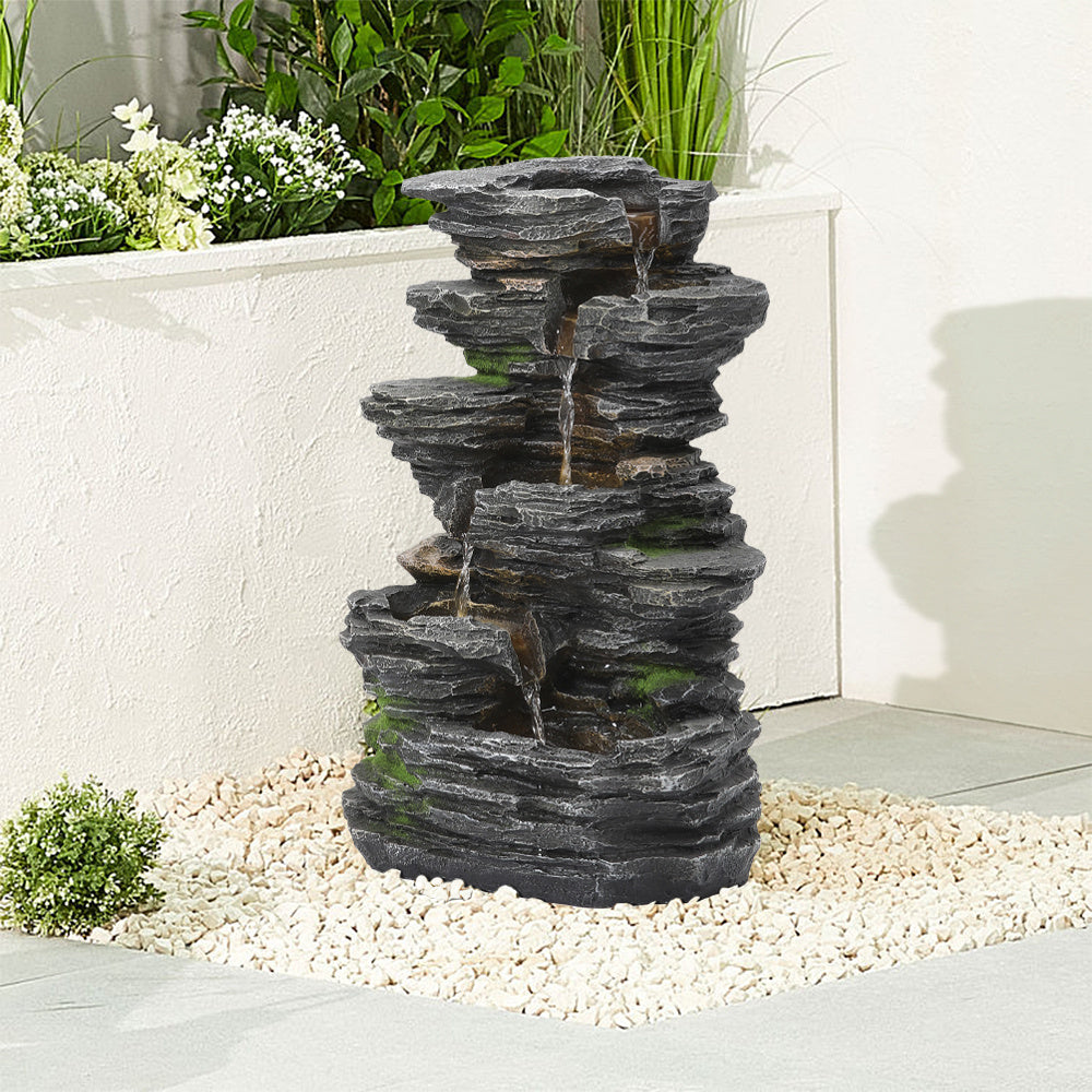 5 Tier Bowl Outdoor Solar Powered Water Fountain Rockery Decor with LED Light
