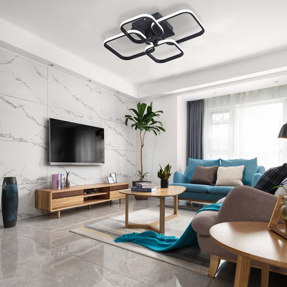 Modern Square LED Ceiling Lamp Chandelier Light, Black Frame-4 Head Cool White