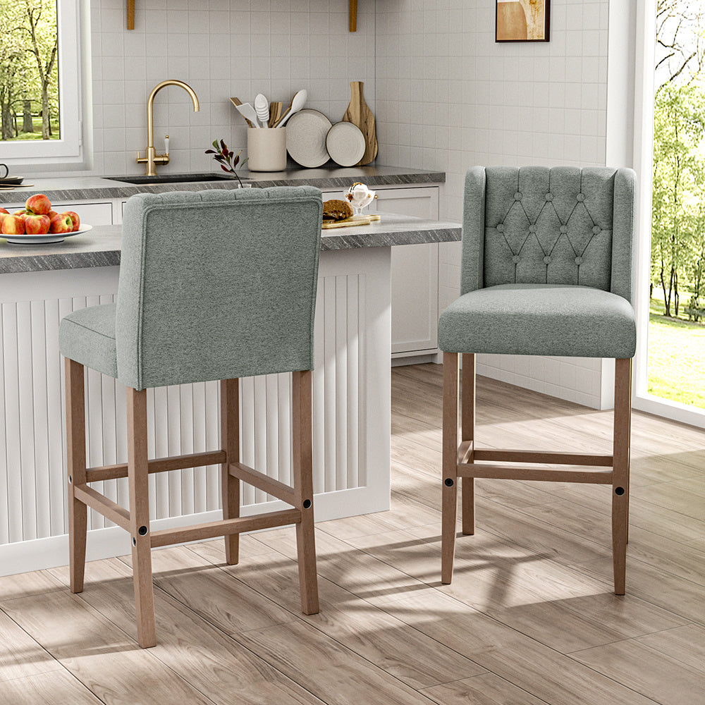 Rustic Set of 2 Bar Stools Linen Tufted with Wood Legs