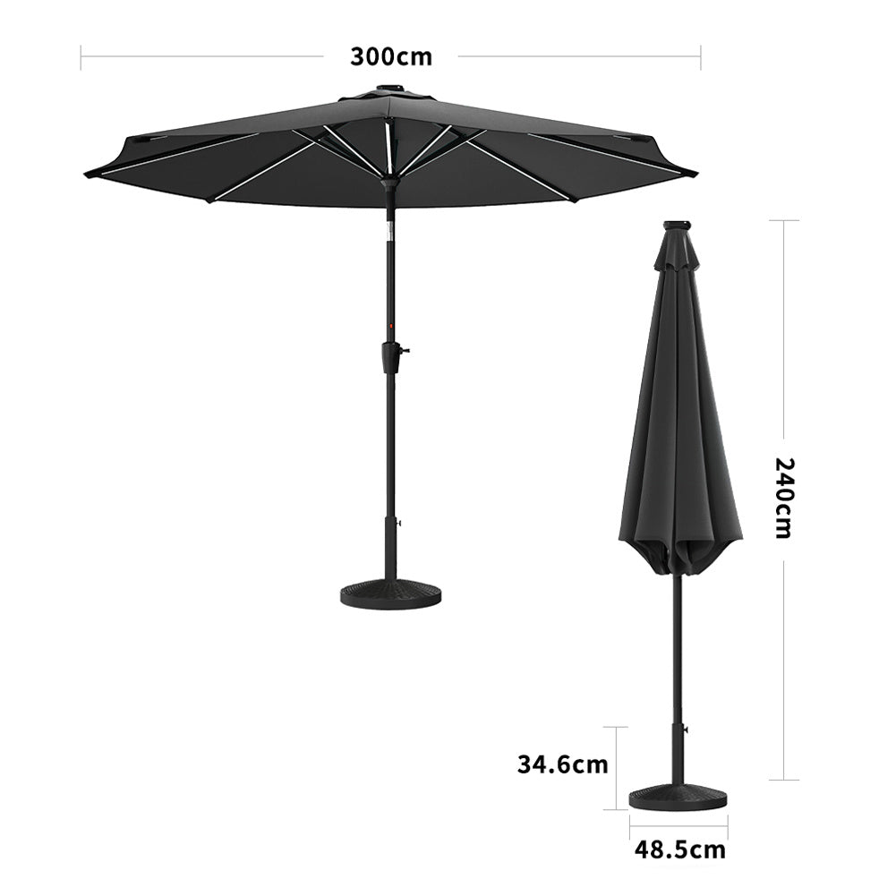 3M Large Garden LED Parasol Outdoor Beach Umbrella with Light Sun Shade Crank Tilt with 14KG Round Base, Gark Grey