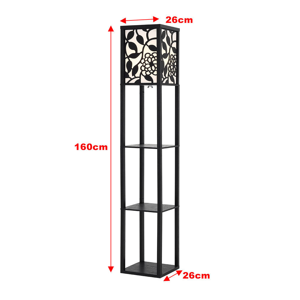 3 in 1 Wooden and Linen Floor Lamp with Shelves,Black Vines