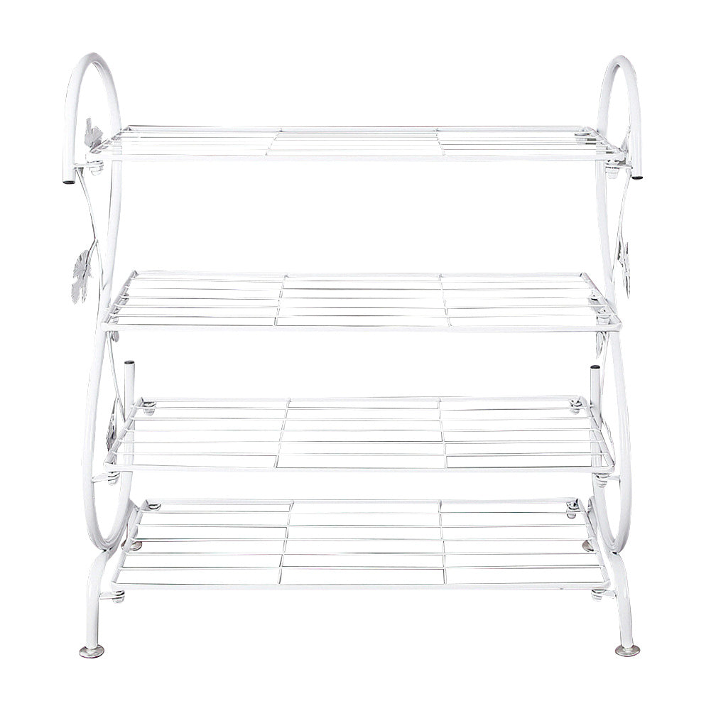 4 Tier Iron Shoe Rack Leaf Decoration, White