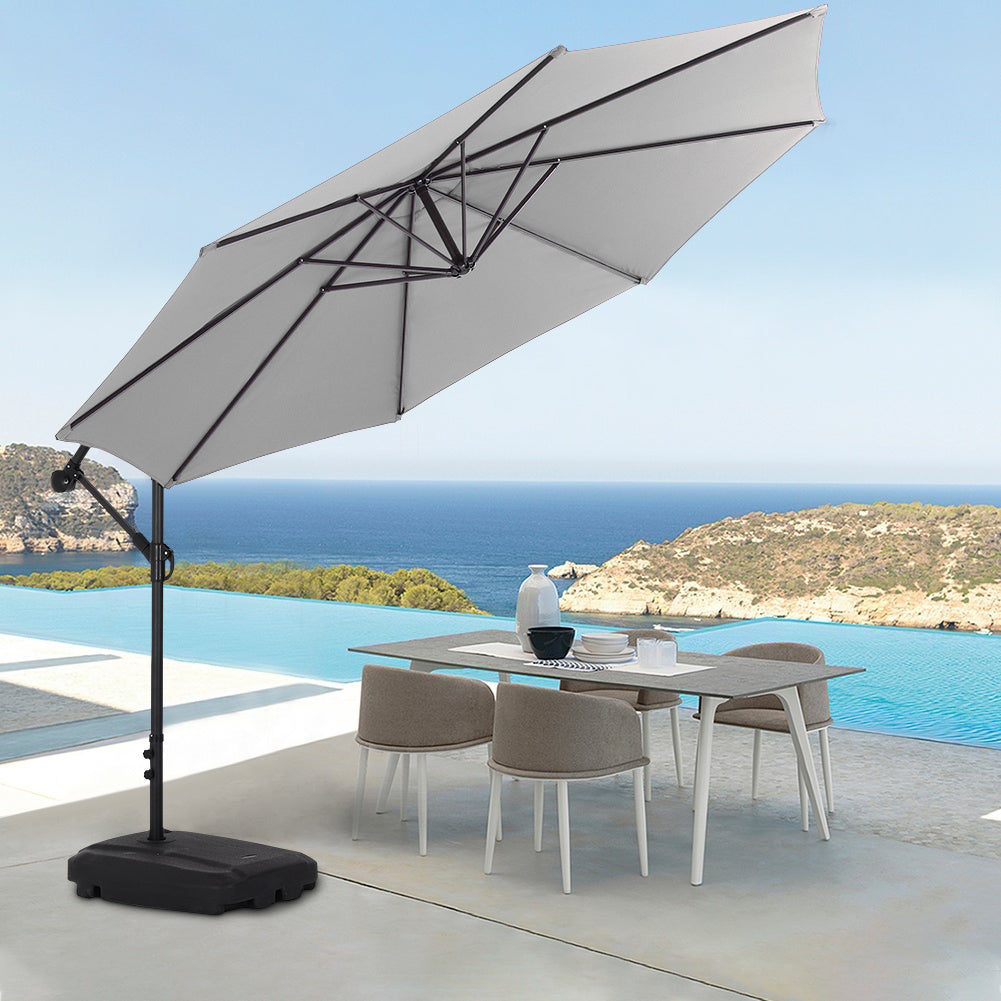 Garden 3M Light Grey Banana Parasol Cantilever Hanging Sun Shade Umbrella Shelter with Rectangle Base