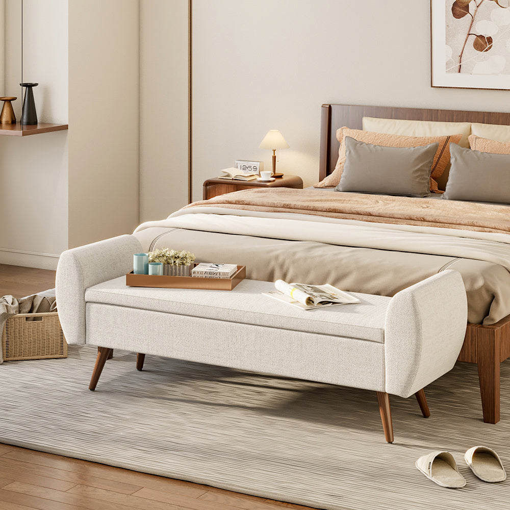 Beige Linen Upholstered Storage Bench with Hidden Storage