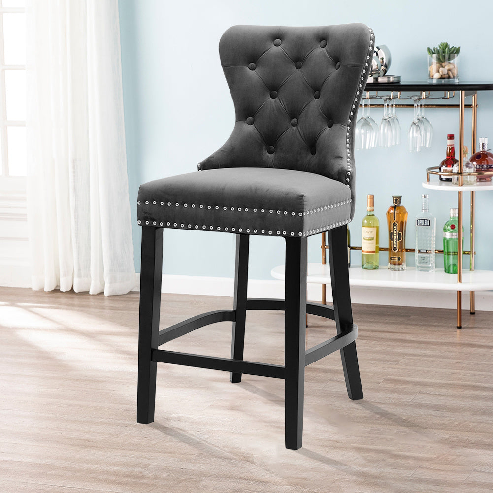 Vintage Velvet Buttoned Studded Dining Chair, Dark Grey