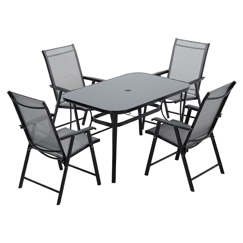 Black Set of 7 Garden 120CM Rectangle Glass Umbrella Table and Folding Chairs Set