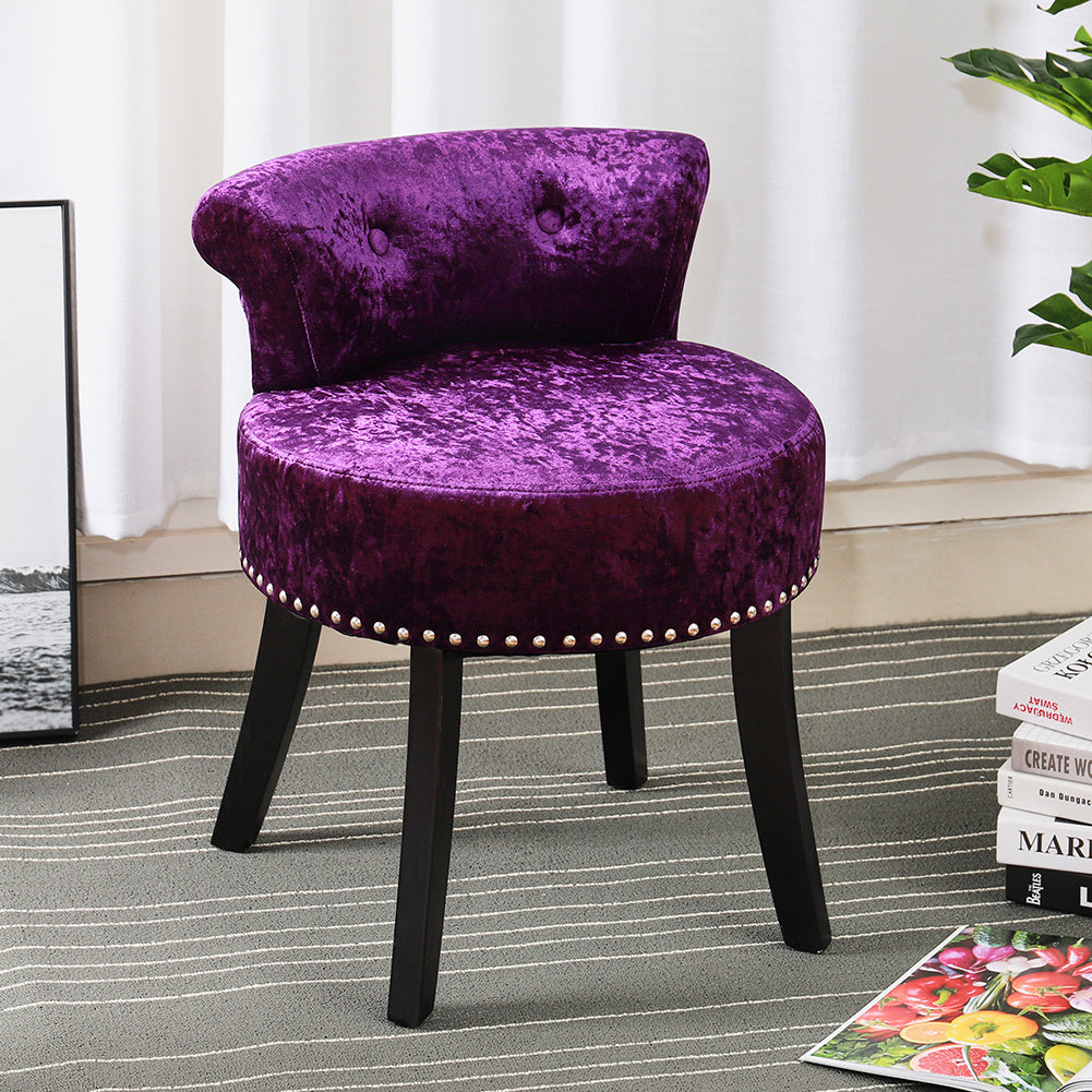 Luxury Velvet Studded Edge Vanity Stool with Button Tufted Back and Wooden Legs