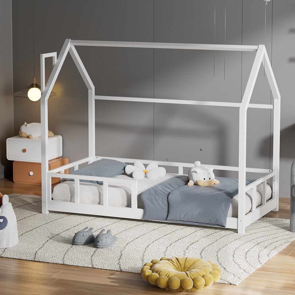 Kids House Bed Solid Pine Low Frame With Guardrails Safe Sleep