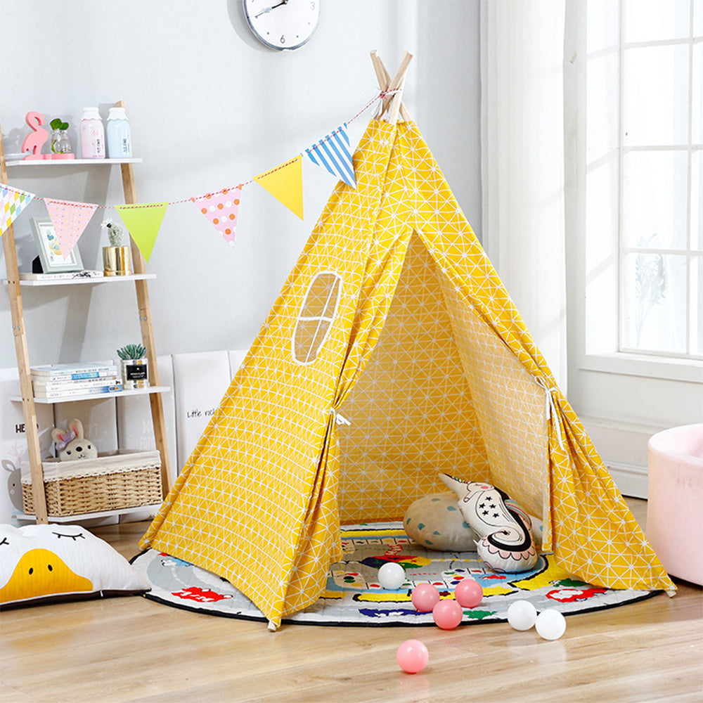Indoor Indian Teepee Tent Play House Wood Support for Kids, Yellow