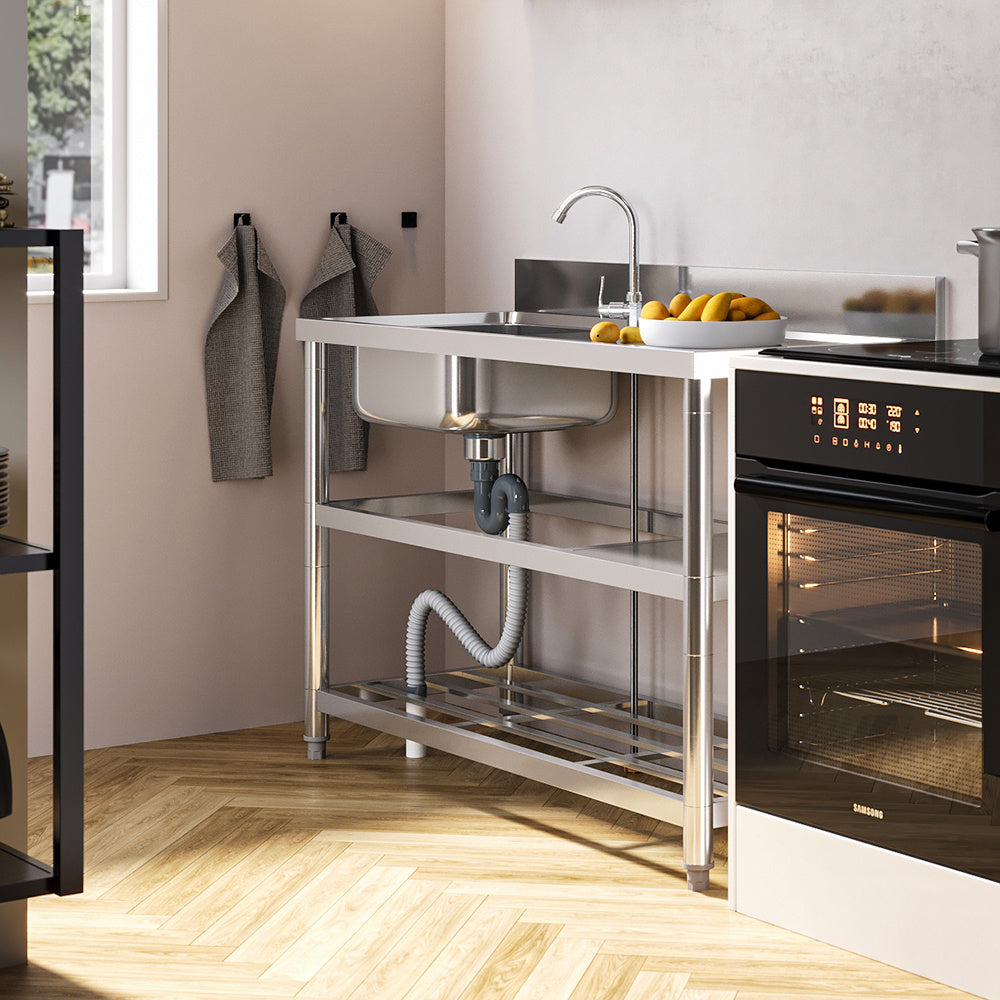 Silver 120cm W Stainless Steel Compartment Sink with Shelves