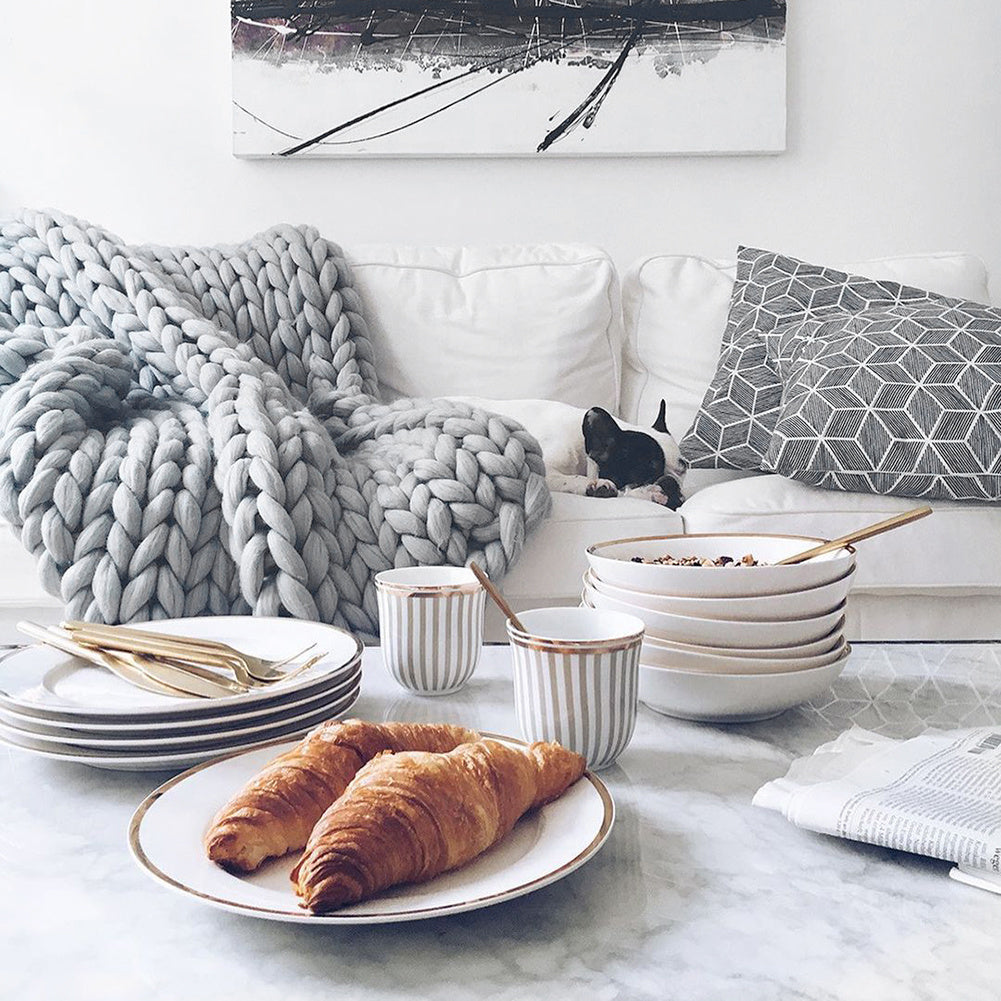 Warm Chunky Wool Yarn Knitted Thick Blanket, Grey 60x60CM