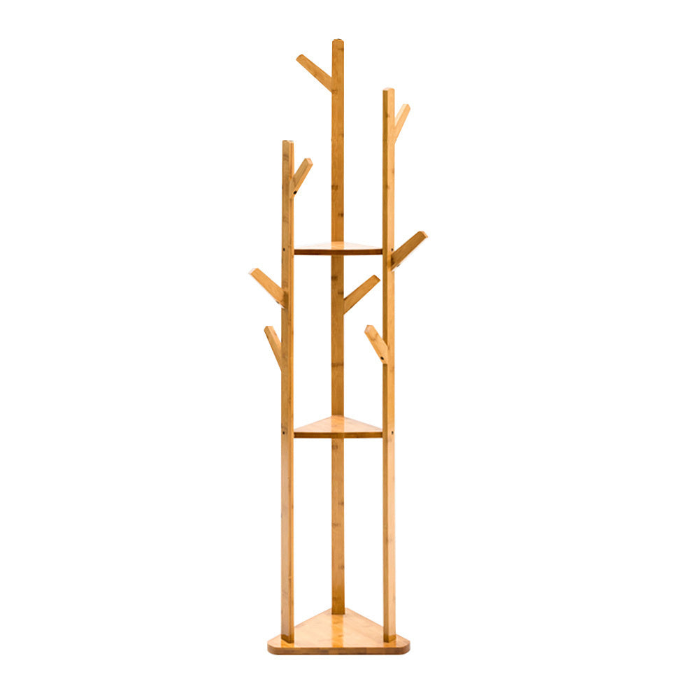 Standing Wood Cloth Hat Rack with 3 Storage Shelves, Light Brown