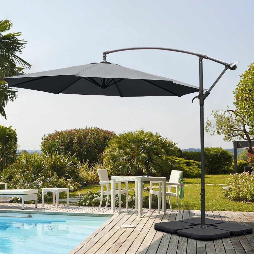 Garden 3M Dark Grey Banana Parasol Cantilever Hanging Sun Shade Umbrella Shelter with Square Base