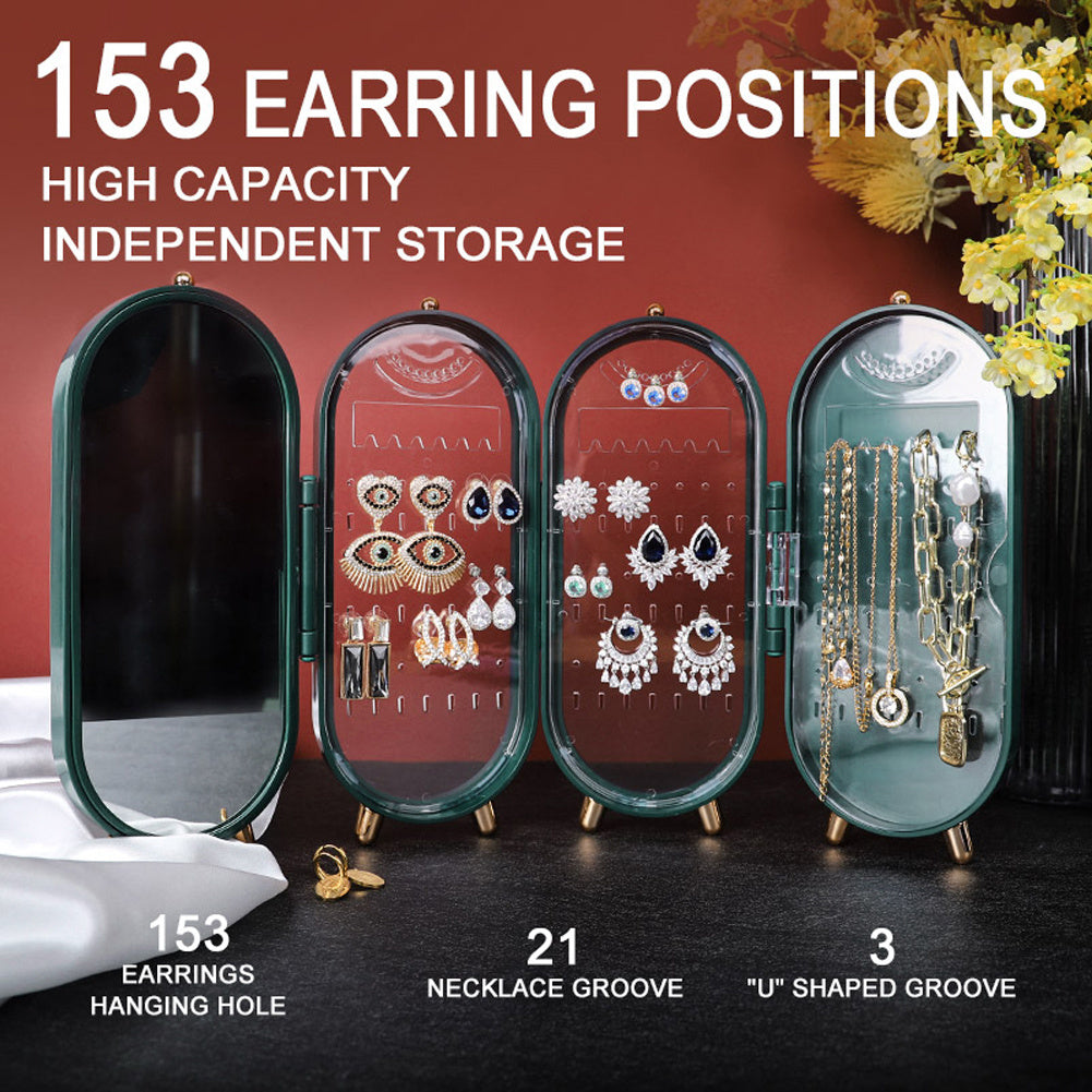 Green Dust Proof Jewelry Earring Necklace Storage Box with Mirror