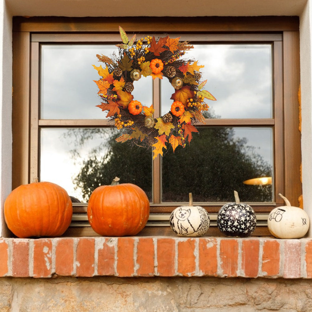 45CM Fall Pumpkin Wreath Autumn Maple Leaf Garland With LED Light