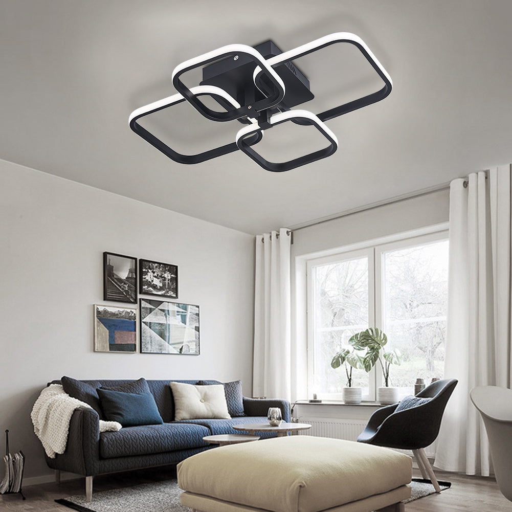 Modern Square LED Ceiling Lamp Chandelier Light, Black Frame-4 Head Cool White