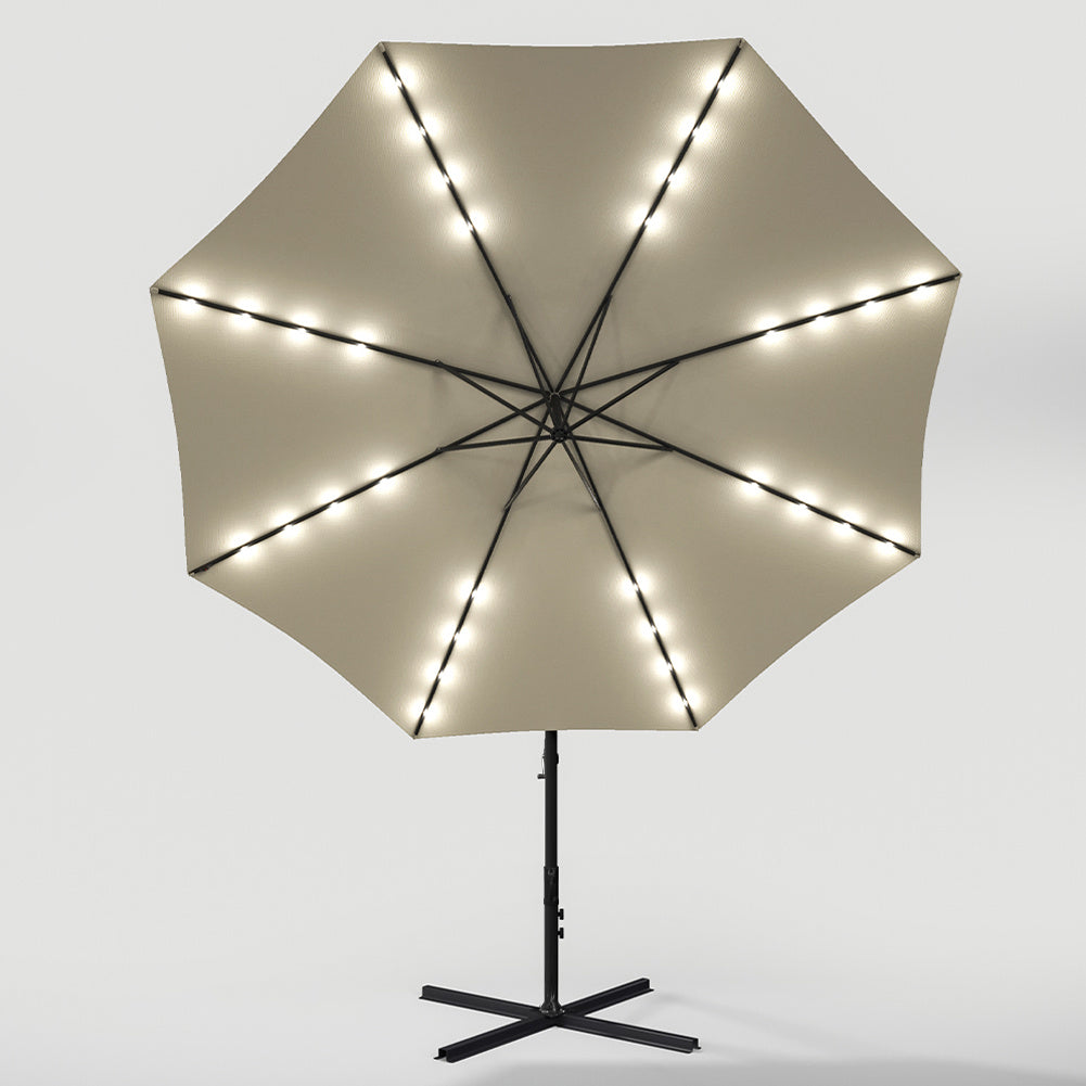 3M Large Garden Hanging LED Parasol Cantilever Sun Shade Banana Umbrella with Cross Base, Beige