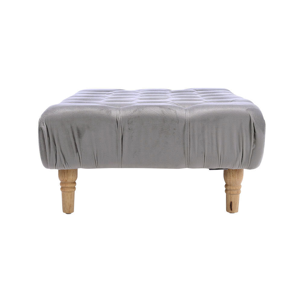 Velvet Buttoned Footstool with Wood Legs, Grey