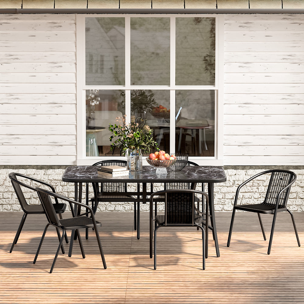 Black Rectangular 150cm Garden Tempered Glass Marble Coffee Table with Six chairs