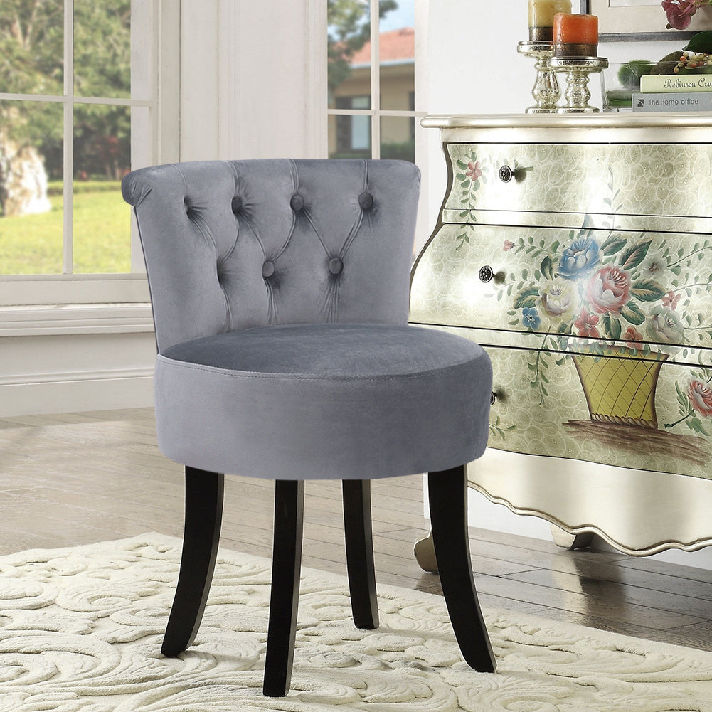 Velvet Buttoned Wing Back Vanity Stool Black Wooden Legs, Grey