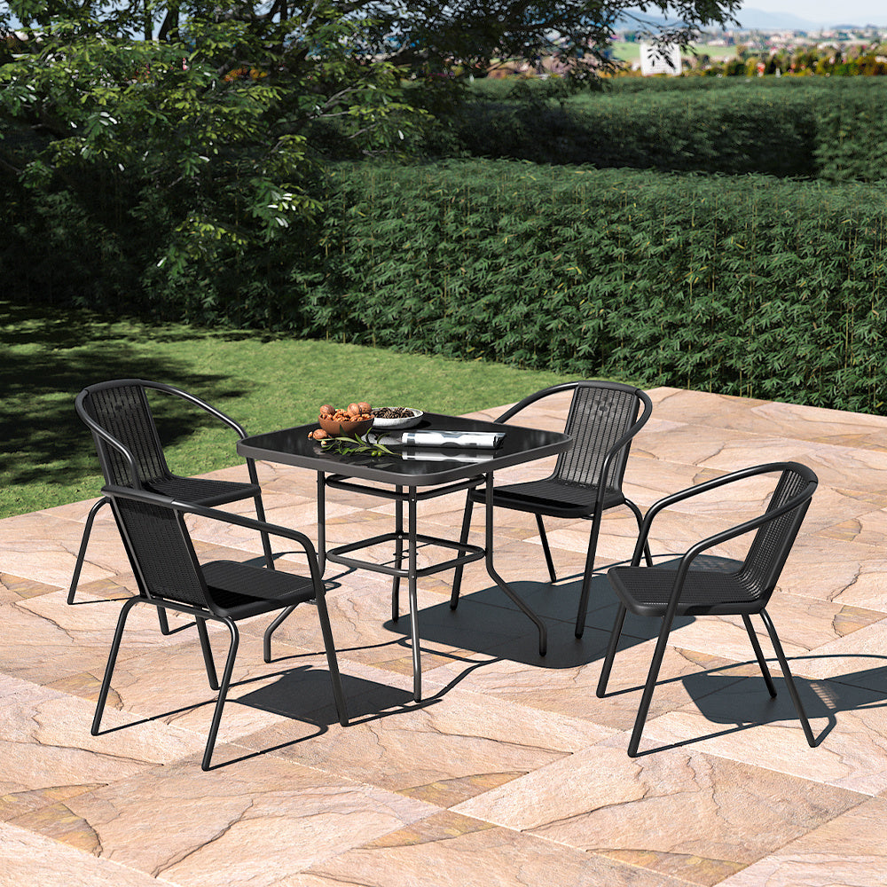 Set of 5 Garden Patio Glass Umbrella Table and Stackable Chairs Set