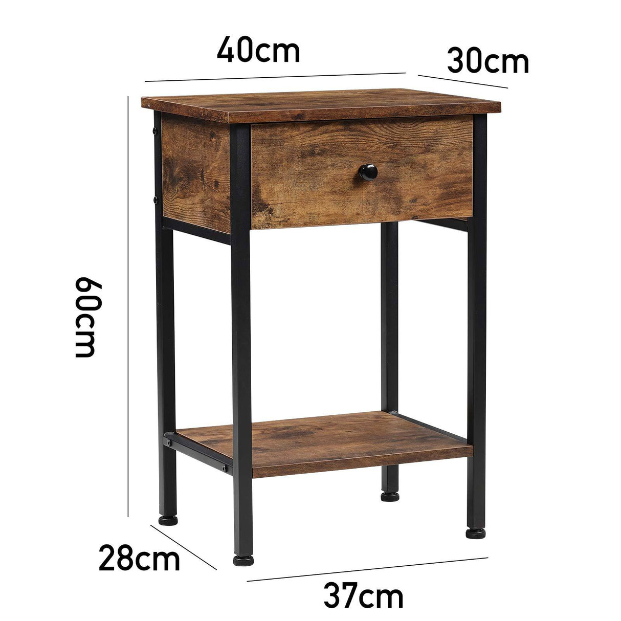 40cm Industrial Rustic Wood Look Side Table with Storage Drawer