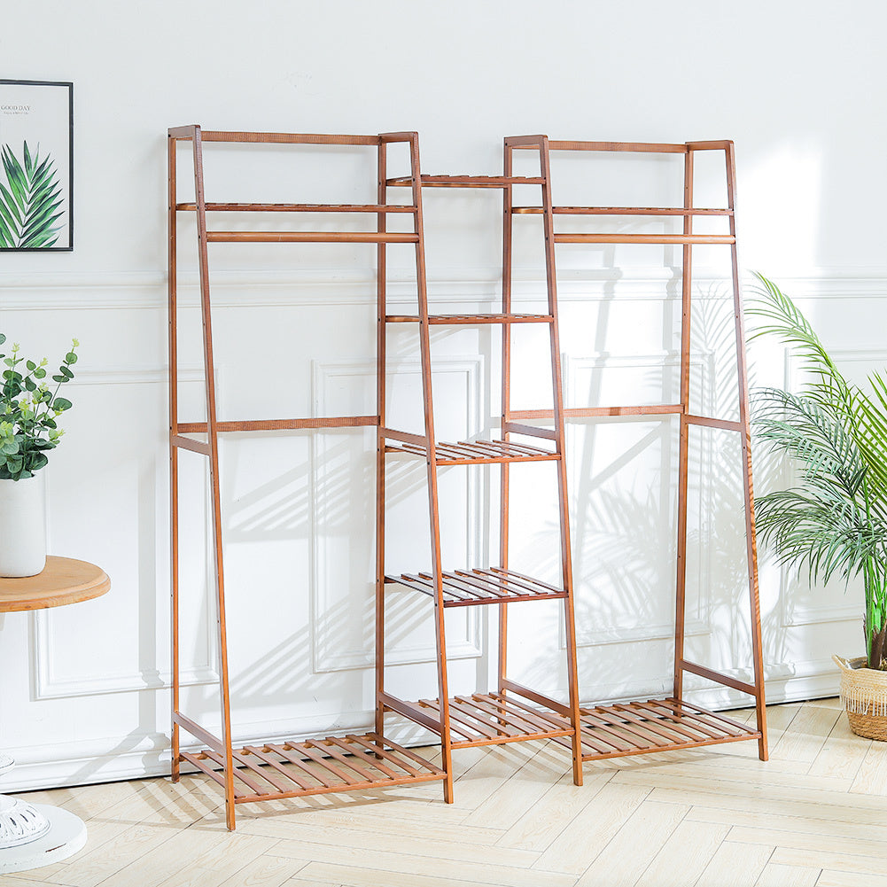 Brown Bamboo Trapezoid Storage Shelves Clothes Hanging Rack