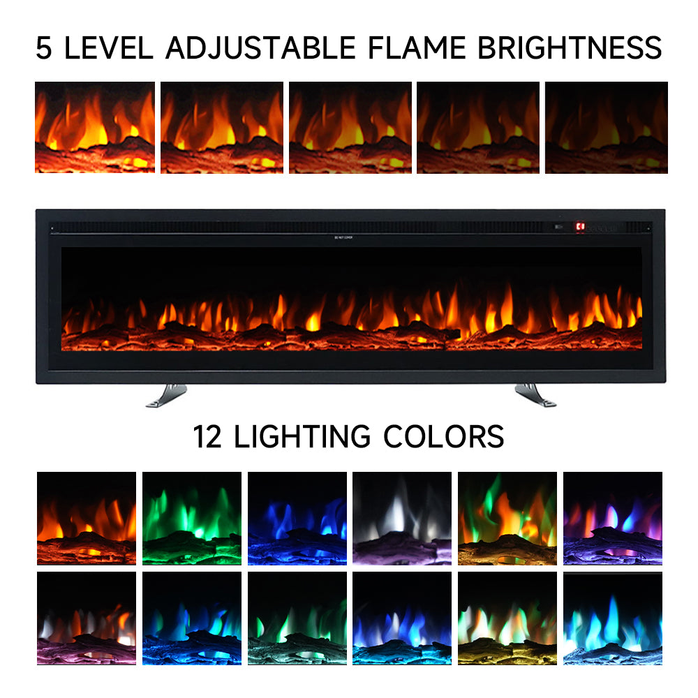 60 Inch LED Recessed Wall Mounted Freestanding Electric Fireplace 5120 BTU Heater Multi-Colour Flames