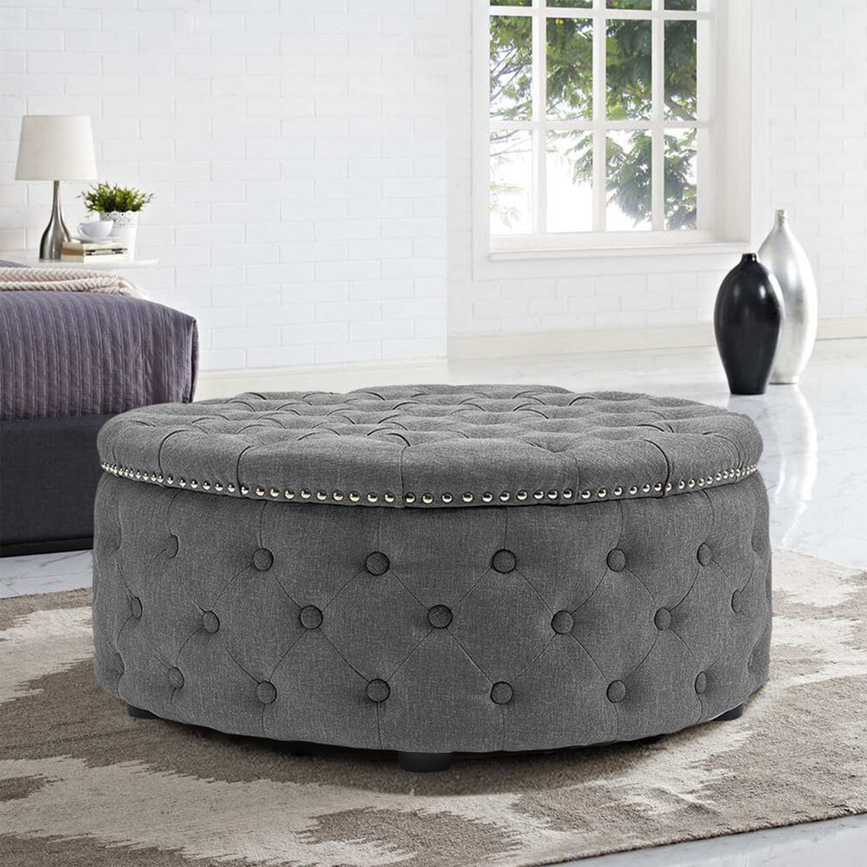 Linen Round Chesterfield Buttoned Footstool studded Edge, Light Grey