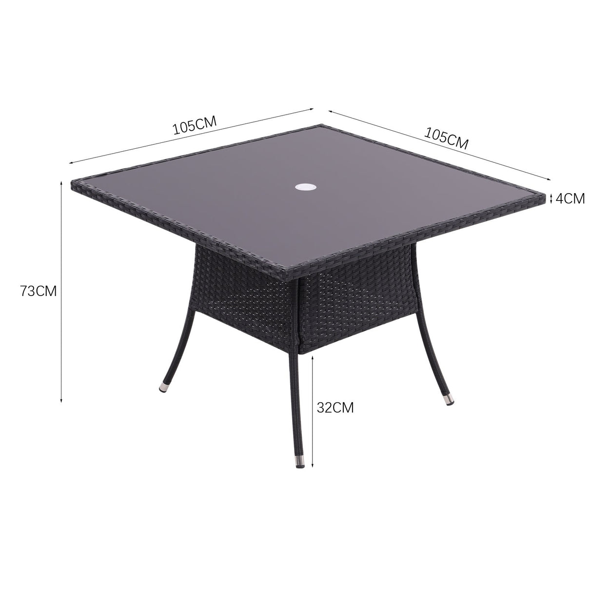 105CM Patio Garden Square Rattan Glass Table With Umbrella Hole Black