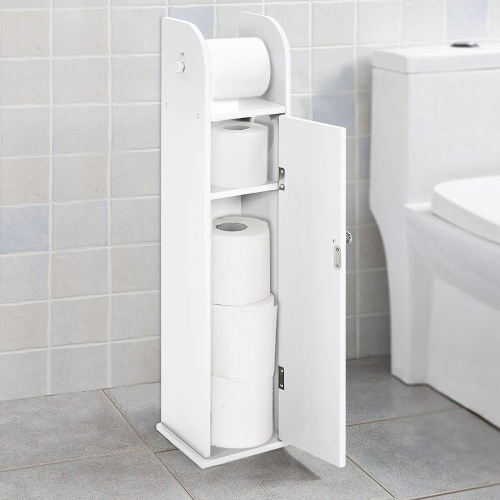 Wooden Free Standing Toilet Tissue Roll Holder, White