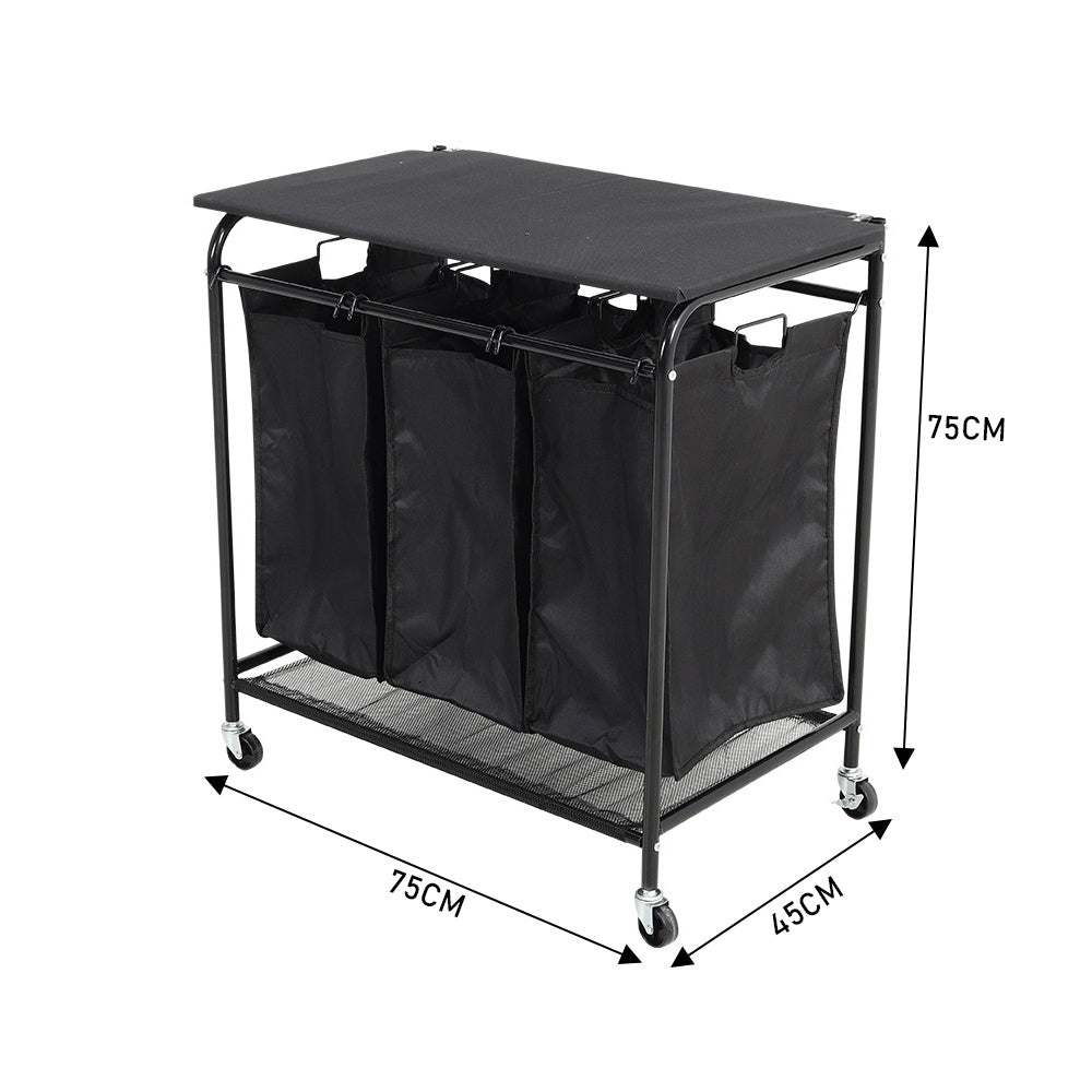 Black 3 Bag Wheeled Laundry Sorter Cart with Ironing Board