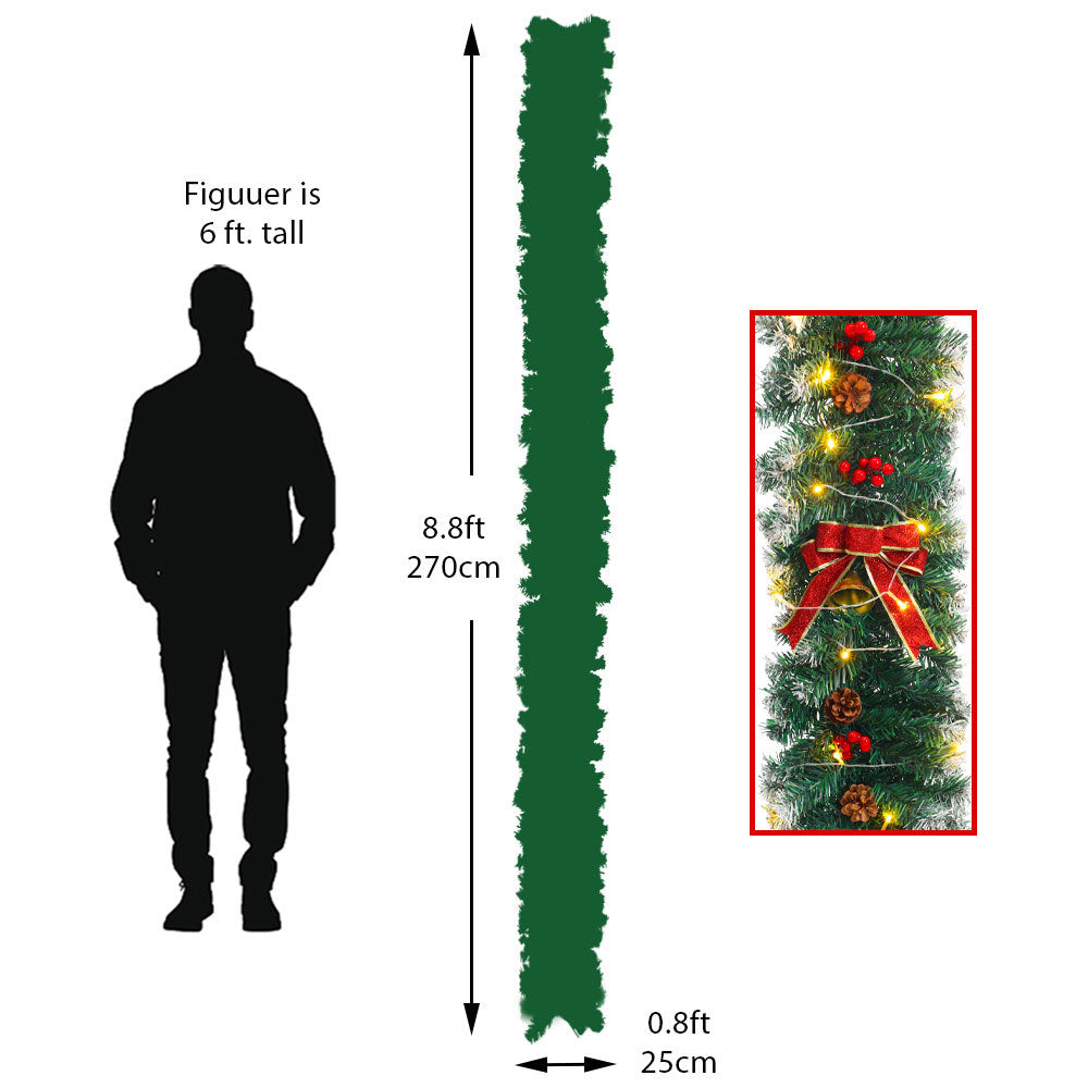 270CM Christmas 50 LED Light Up Xmas Decor Hanging Rattan, Red bowknot And Golden Bell