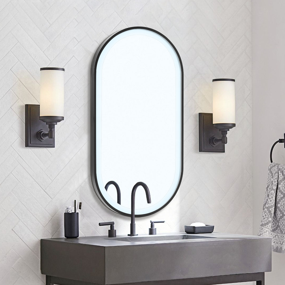 Black Modern Oval LED Wall Mirror Metal Framed