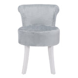 Plush Shaggy Plush Vanity Stool White Wooden Legs, Grey