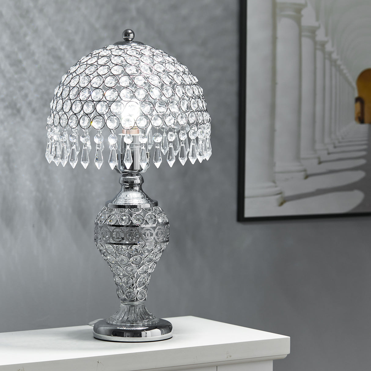 Luxury Crystal Umbrella Bedroom Table Lamp Chrome Base