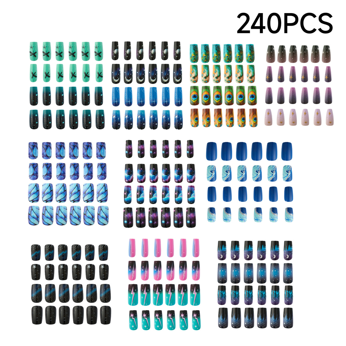 240PCS Blue Marble Press On Nails Glossy Fake Nails DIY Manicure