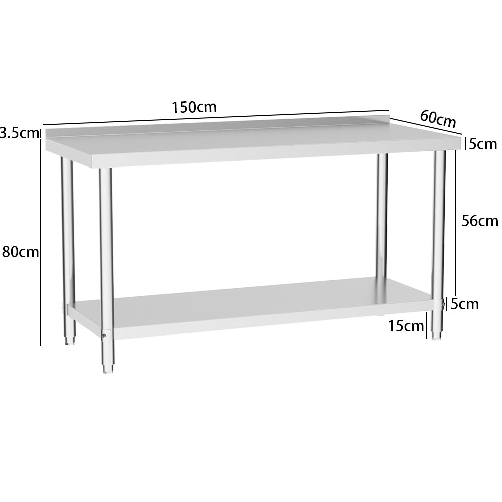 150CM Stainless Steel Kitchen Working Table with Lower Layer and Backsplash