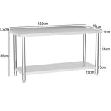150CM Stainless Steel Kitchen Working Table with Lower Layer and Backsplash
