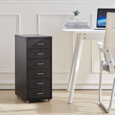 Office Rolling File Cabinet with 6 Drawers Shelf and Wheels, Black
