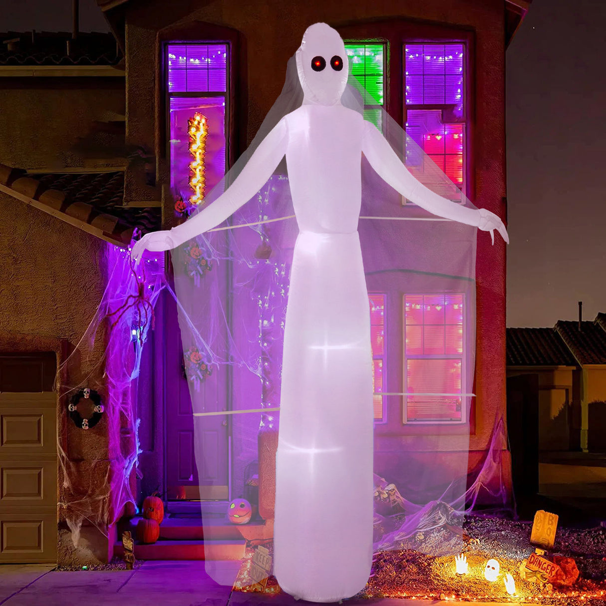 White Tall Ghost Bride with Red Eyes Inflatable for Halloween