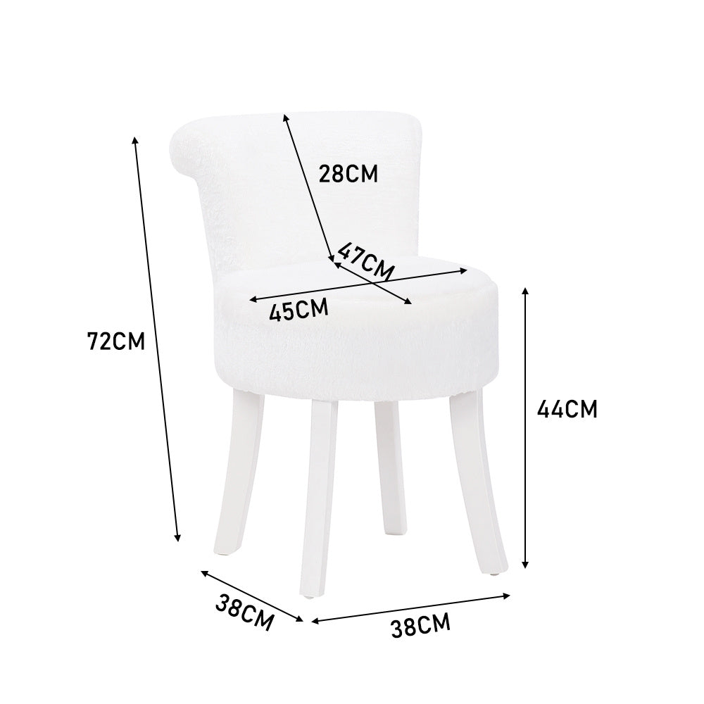 Plush Shaggy Plush Vanity Stool White Wooden Legs, White