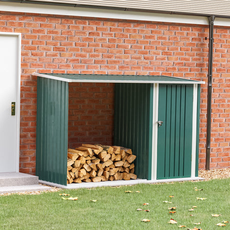 Steel Outdoor Garden Storage Shed with Log Stacking Rack Green