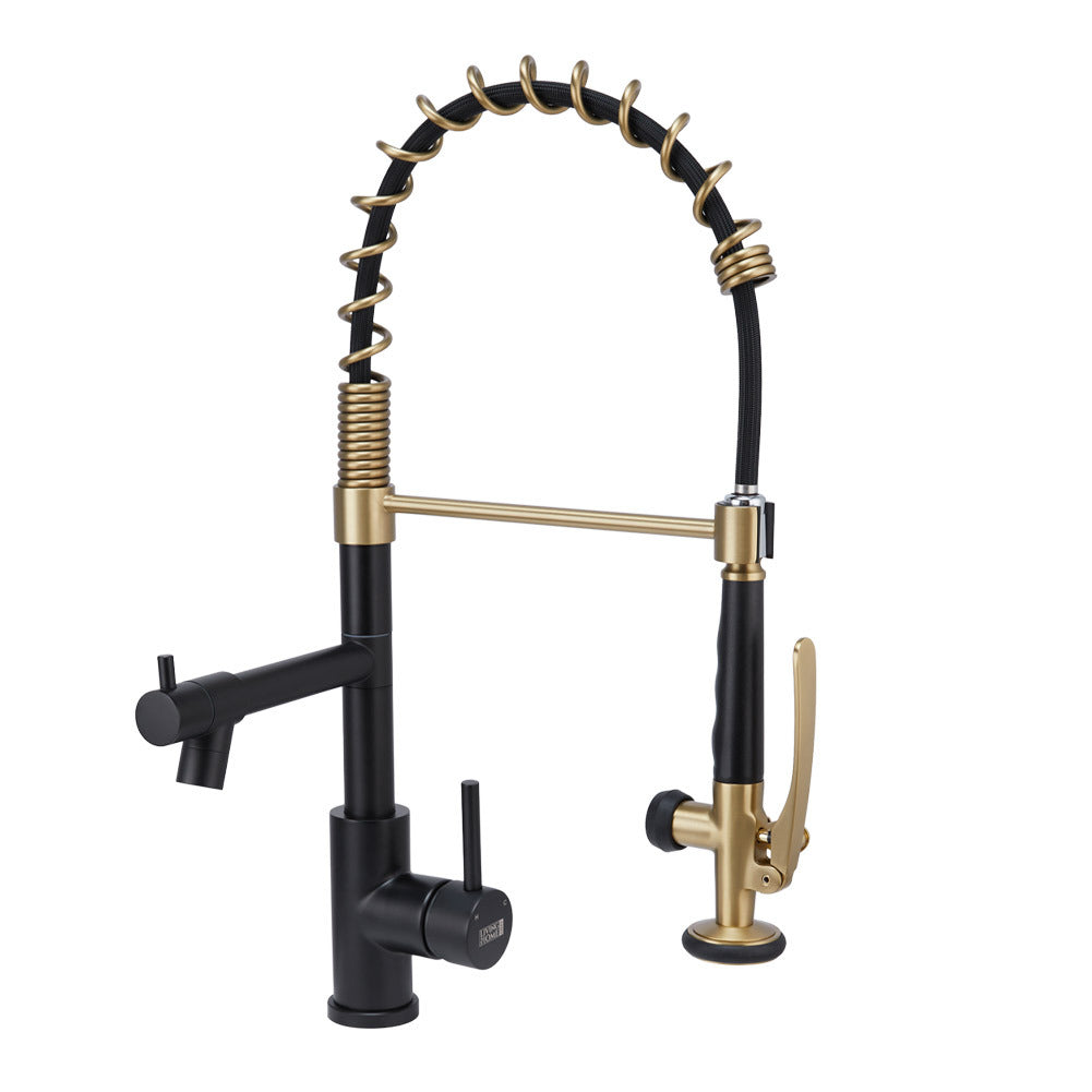 Swivel Kitchen Mixer Tap Dual Spout with Pull Down Sprayer and Pot Filler,Black and Golden