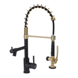 Swivel Kitchen Mixer Tap Dual Spout with Pull Down Sprayer and Pot Filler,Black and Golden